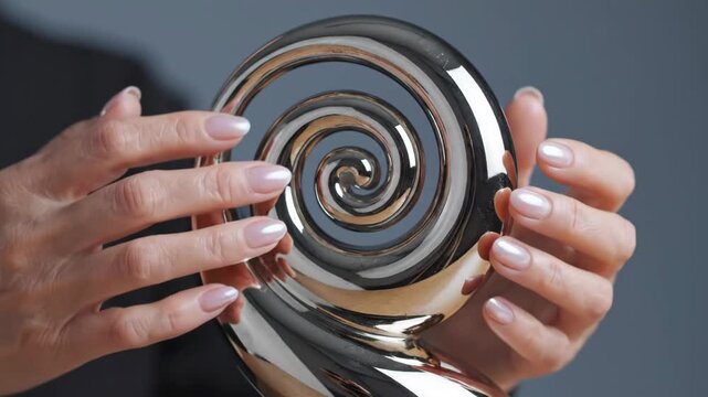 Mature Hands Spinning a Polished Metal Spiral Sculpture Against a Neutral Gray Background