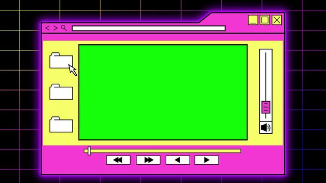 Retro operating system media player animation with green screen window and vaporwave aesthetic. Stylized vintage technology