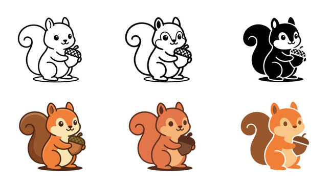 Cute squirrel character with acorn in multiple graphic styles