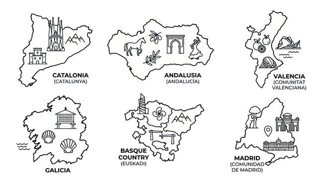 Map outlines of spanish regions with iconic landmarks and symbols