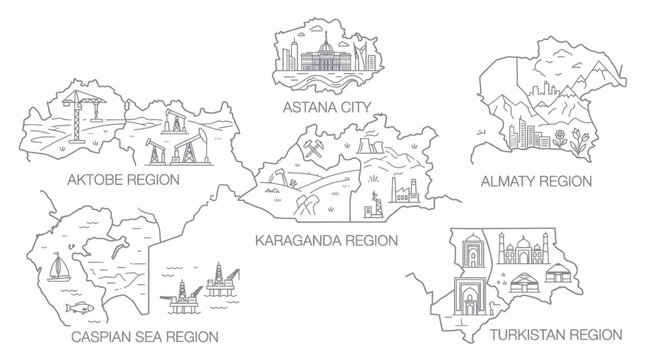 Kazakhstan map regions with industry architecture and nature icons
