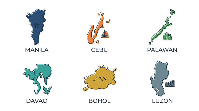 Map icons for philippine regions manila cebu palawan davao bohol luzon