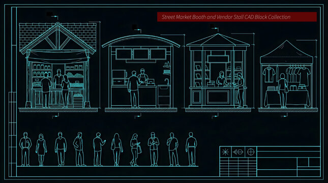 Street Market Booth and Vendor Stall CAD Block Collection with Shoppers Front Elevation AutoCAD Blueprint Technical Drawing Vector Set