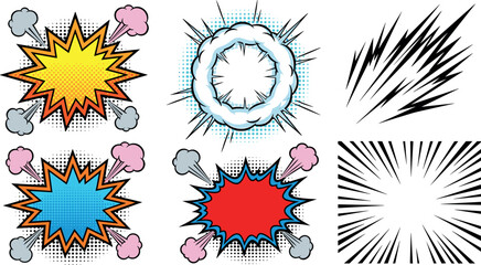 Dynamic Comic Explosion and Impact Burst Vector Set with Colorful Pop Art Effects, Halftone Smoke Clouds, and Cartoon Energy Blast Illustrations for Creative Design Projects © RUBINA