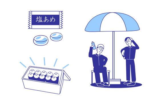 日陰で休憩し水分補給と塩分補給をする作業員の熱中症対策イラスト
