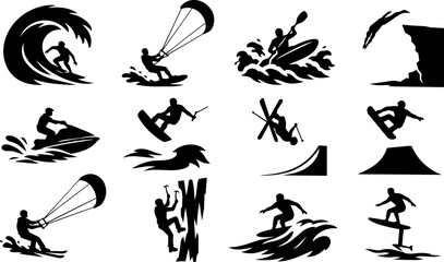 Naklejka premium Water and Snow Extreme Sports Silhouette Icon Set