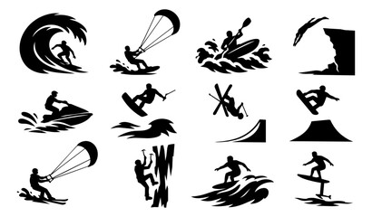 Naklejka premium Water and Snow Extreme Sports Silhouette Icon Set