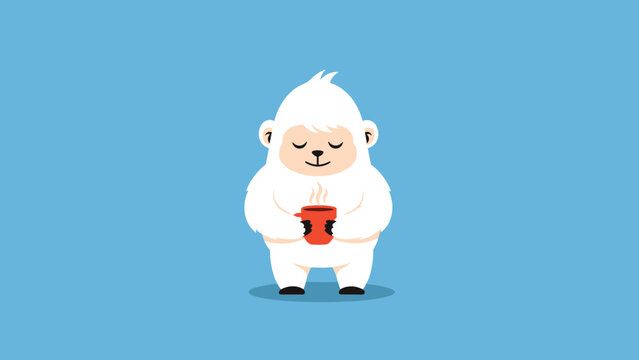 Adorable cartoon illustration of a cute white yeti holding a steaming red mug, exuding warmth and coziness on a serene blue background.