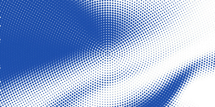 Abstract white background with a blue halftone dot wave. Modern vector template featuring dynamic liquid flowing texture and a creative pop art style design.