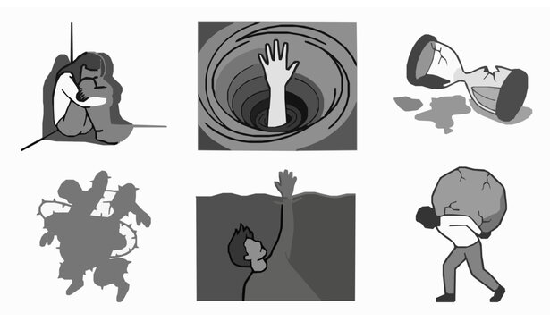 Depression and emotional pain conceptual linear icons showing frustration and loneliness vector