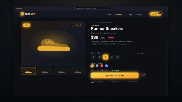 Online store product detail page with price size selection and add to cart checkout panel