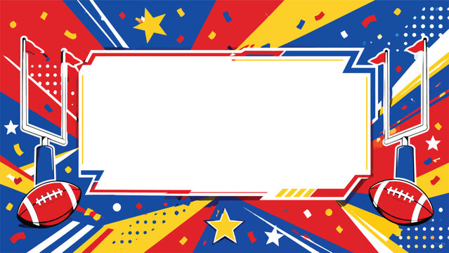 Vibrant football vector graphic illustration featuring a blank central frame with goal posts and sports balls on colorful dynamic background