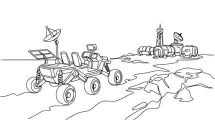Obraz premium Lunar Rover and Space Station on Alien Planet Surface, Sci-Fi Illustration