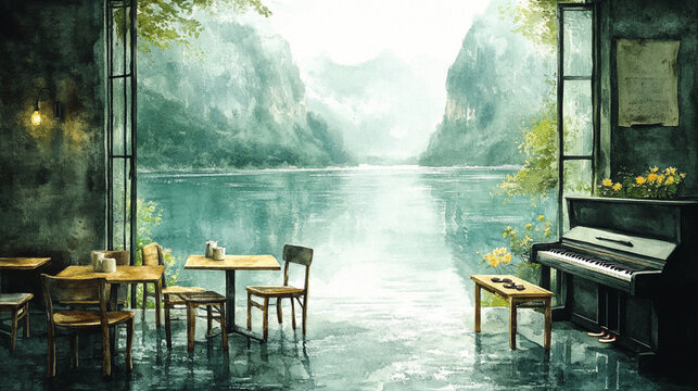 Serene Lakeside Caf&eacute; Interior with Open Windows, Rustic Wooden Tables, Classical Piano and Lush Green Mountains Reflected on Calm Water in Peaceful Morning Light