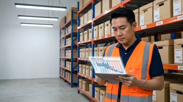 Man reading papers in warehouse storage room