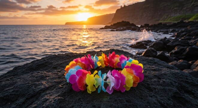 Vibrant hawaiian lei on black lava rocks at sunset by ocean cliffs