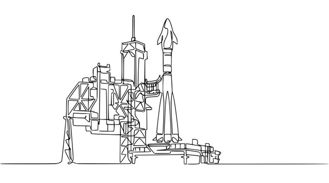 Continuous line drawing of a rocket on launchpad, aerospace technology, minimalist design