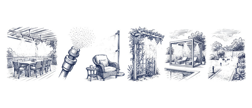Patio misting cooling system illustration set showing backyard cooling kits, outdoor garden misters, pergola sprayers, poolside cabana foggers, and hose nozzle in a vintage hand drawn engraving style.