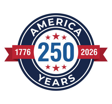 America 250 years anniversary badge, patriotic logo, USA 1776-2026 celebration emblem, vintage style vector icon