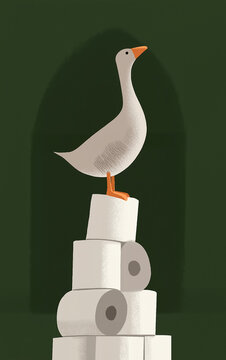 Cute Cartoon Goose with Toilet Paper Isolated on Green