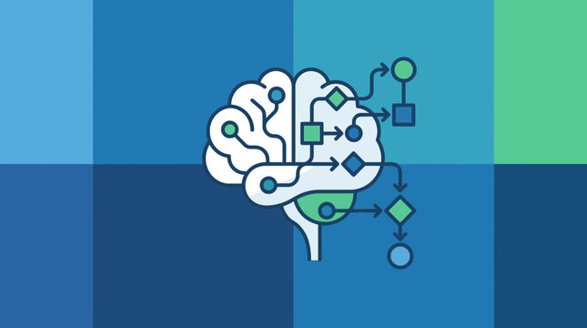 Brain with flowchart decision system on blue background