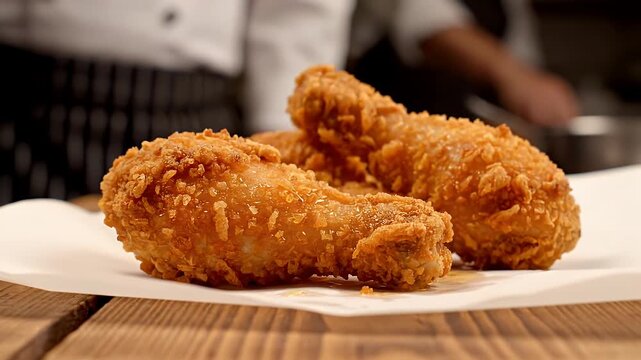 Fried chicken drumsticks on a wooden table with chef in background for fast food restaurant menu