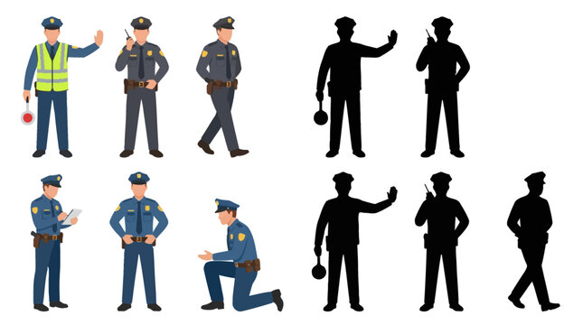 Police officer character vector illustration set with law enforcement cop controlling traffic talking on radio writing report and silhouettes flat isolated icons on white background