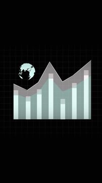 Bar chart animation with earth globe. Bar chart global financial growth data. Bar chart international business analytics graphic on black background for trade.