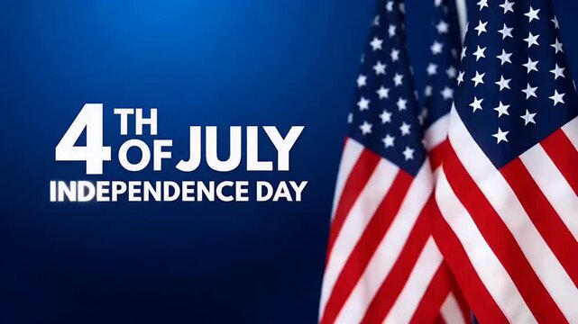 4th of july independence day text animation with american flags on a dark blue gradient background