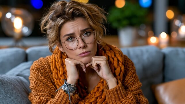 A pensive woman in a cozy sweater rests her chin on her hands against a blurred background, conveying deep thought or mild anxiety.