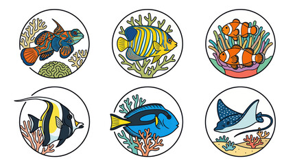 Tropical reef fish and marine life icons in circular frames © Jarwo