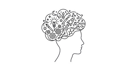 Human head silhouette with icons representing creativity and ideas © Jarwo