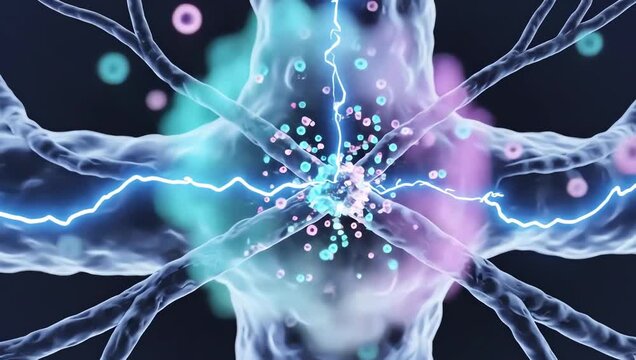 Communication between endocrine signals and neural pathways controlling mood, glowing bioelectrical and hormonal particles traveling through transparent biological networks