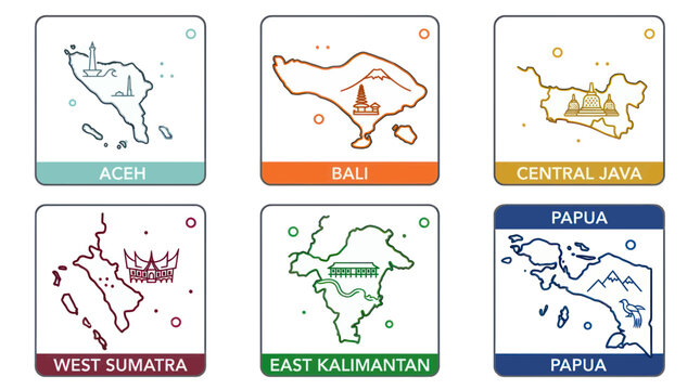 Indonesian regional maps featuring cultural landmarks and icons