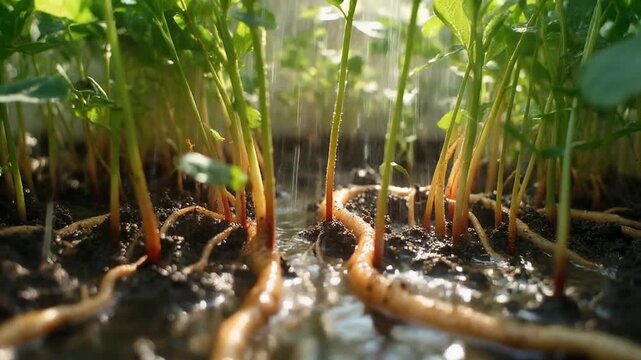 Close-up view of fresh green microgreens sprouts growing in moist nutrient rich dark soil with visible roots illuminated by soft morning sunlight