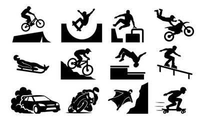 Naklejka premium Urban and Motor Extreme Sports Silhouette Icon Set