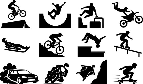 Urban and Motor Extreme Sports Silhouette Icon Set