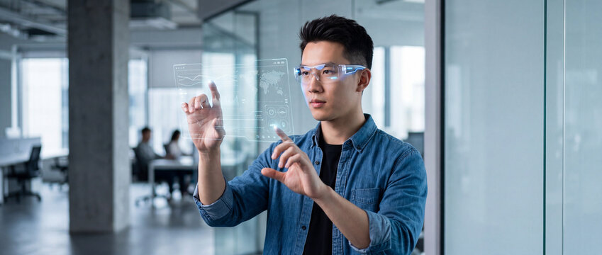 Young Asian man wearing augmented reality glasses interacts with a transparent holographic display showing data and world map in a modern office environment, with colleagues blurred in the background