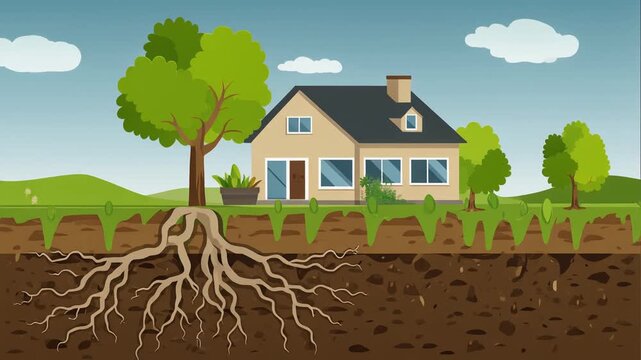 Concept of environmental sustainability featuring a house and a tree with deep root system underground in a green landscape illustration