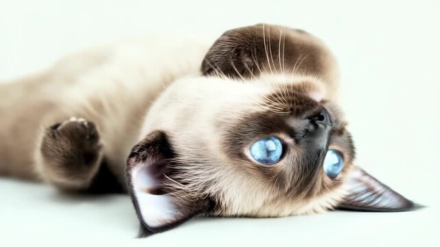 This image features a feline in repose, its brilliant blue eyes anchoring the composition. The creature&rsquo;s fur is smooth, adding to the peaceful and intimate tone of the portrait, on a light surface.