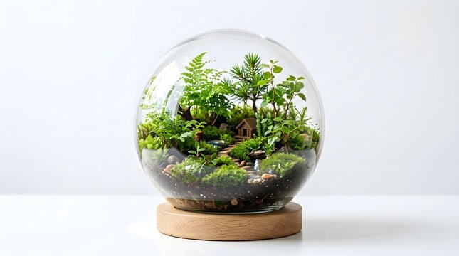 Lush green miniature moss terrarium inside a round glass globe with tiny wooden house miniature
