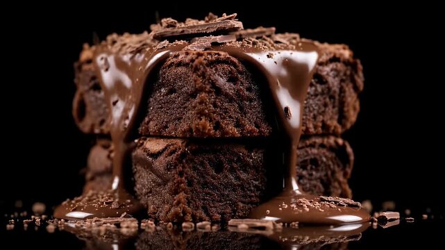 Chocolate brownie stack with melted sauce pouring over and cocoa shavings on a black background
