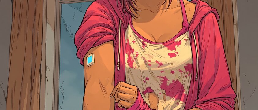 A wounded woman in a blood-stained shirt stands defiantly with a glowing patch on her arm against a window background, suggesting urban survival and medical technology themes.