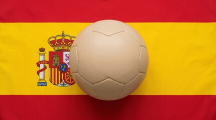 Fototapeta premium Spain football pride light brown ball foreground, crowned shield emblem, tricolor flag backdrop, national unity, athletic passion, cultural heritage.