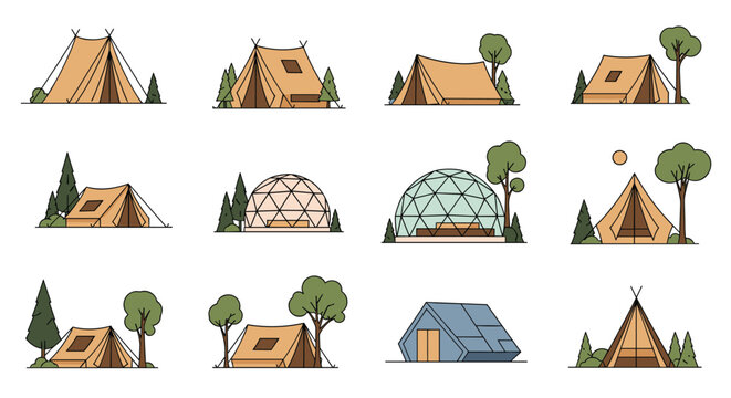 Set of twelve diverse camping tents, glamping domes, and teepees presented in modern line art style.