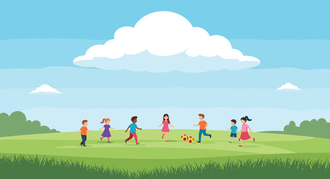 Diverse group of happy children playing with soccer balls on a green grassy field under a big white cloud on a sunny day.
