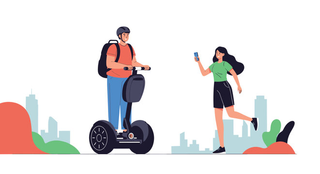 Modern young people using personal eco transport, with a man on a segway and a woman walking while holding a smartphone in a city park.