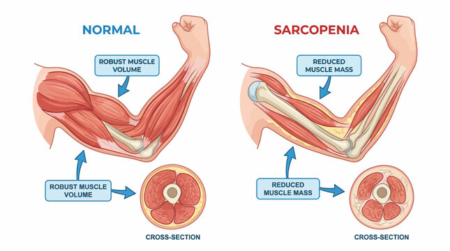 Sarcopenia vs normal muscle vector illustration comparing healthy muscle volume and reduced muscle mass, showing anatomy cross-section for medical education, healthcare, and physiology design concepts