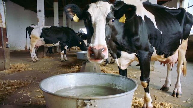 Cows drinking water at a farm in the morning while enjoying the feed in a barn