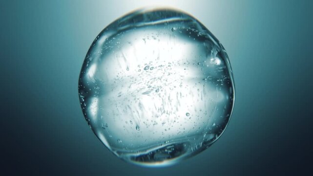 Blue hyaluronic acid serum bubble. Skincare cosmetics macro 3D abstract background. Pure moisturizer essence gel or water drop. Collagen fluid molecule, peptide face lotion. Skin lifting cream